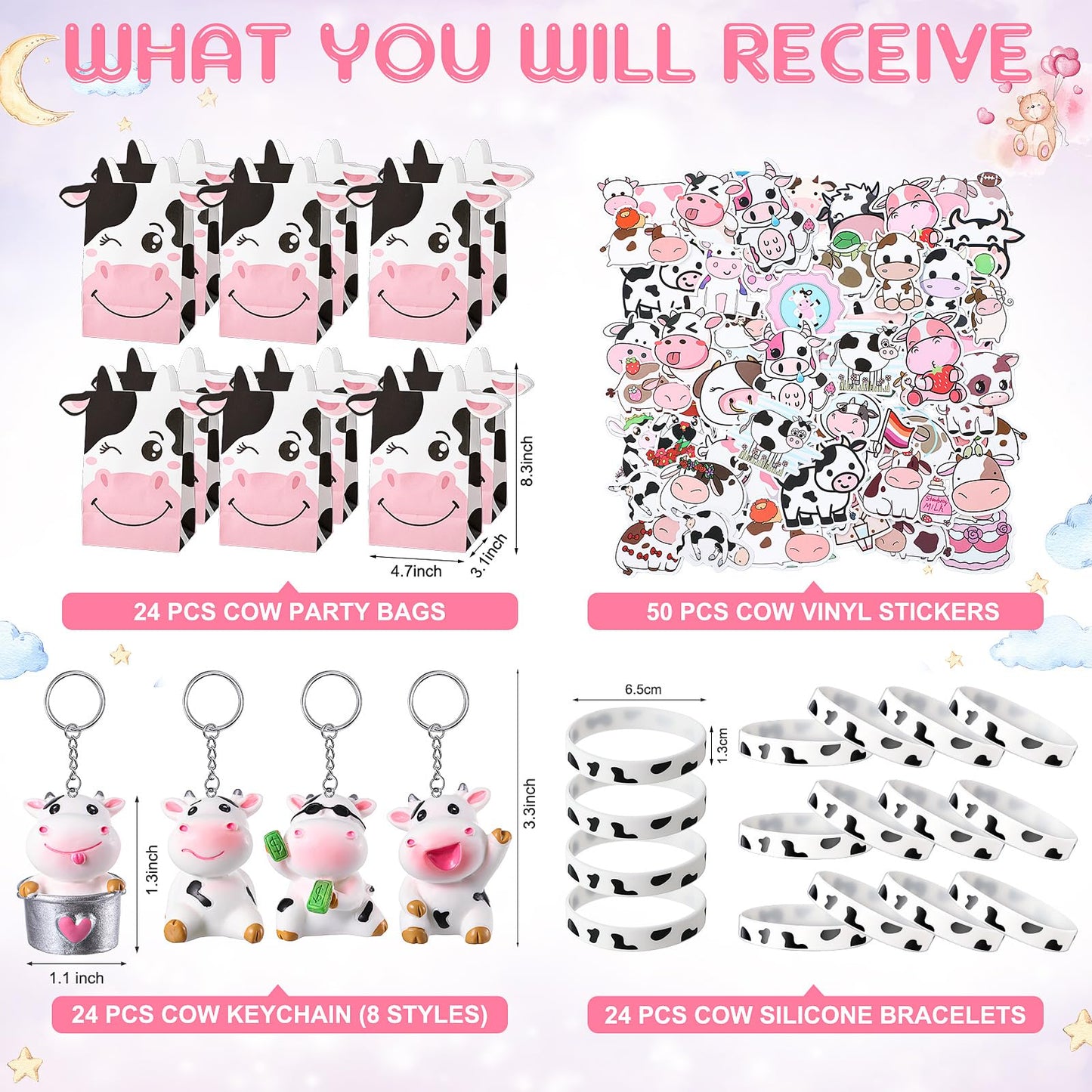 122 Pcs Cow Party Favors Supplies Include Cow Keychains Cow Silicone Bracelets Cow Party Paper Bags Treat Bags Cow Vinyl Sticker