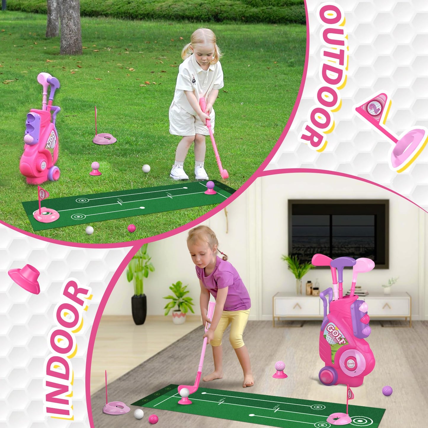 Liberry Toddler Golf Set For 2 3 4 5 Years Old Girls Boys, Upgraded Kids Golf Clubs Set With Golf Cart, Putting Mat, Outdoor Indoor Sports Toy Birthday Gift, Pink