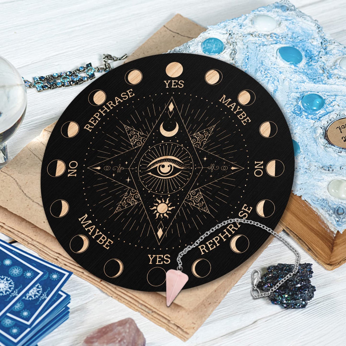 Infunly Witch Pendulum Board Eyes Runes Wooden Dowsing Planchette Board 7.9' Metaphysical Message Board With Pendulum Crystal Necklace For Beginners, Witchcraft Altar Supplies