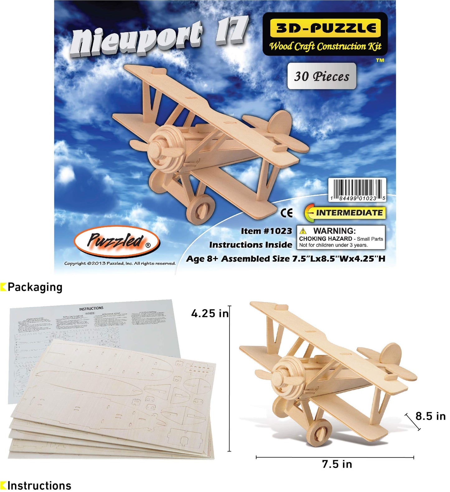 Puzzled 3D Puzzle Nieuport 17 Air - Wood Craft Construction Model Kit Aircraft  Fun Educational DIY Wooden Toy Assemble Model Unfinished Craft Hobby to Build & Paint for Decoration - 30pc Pack