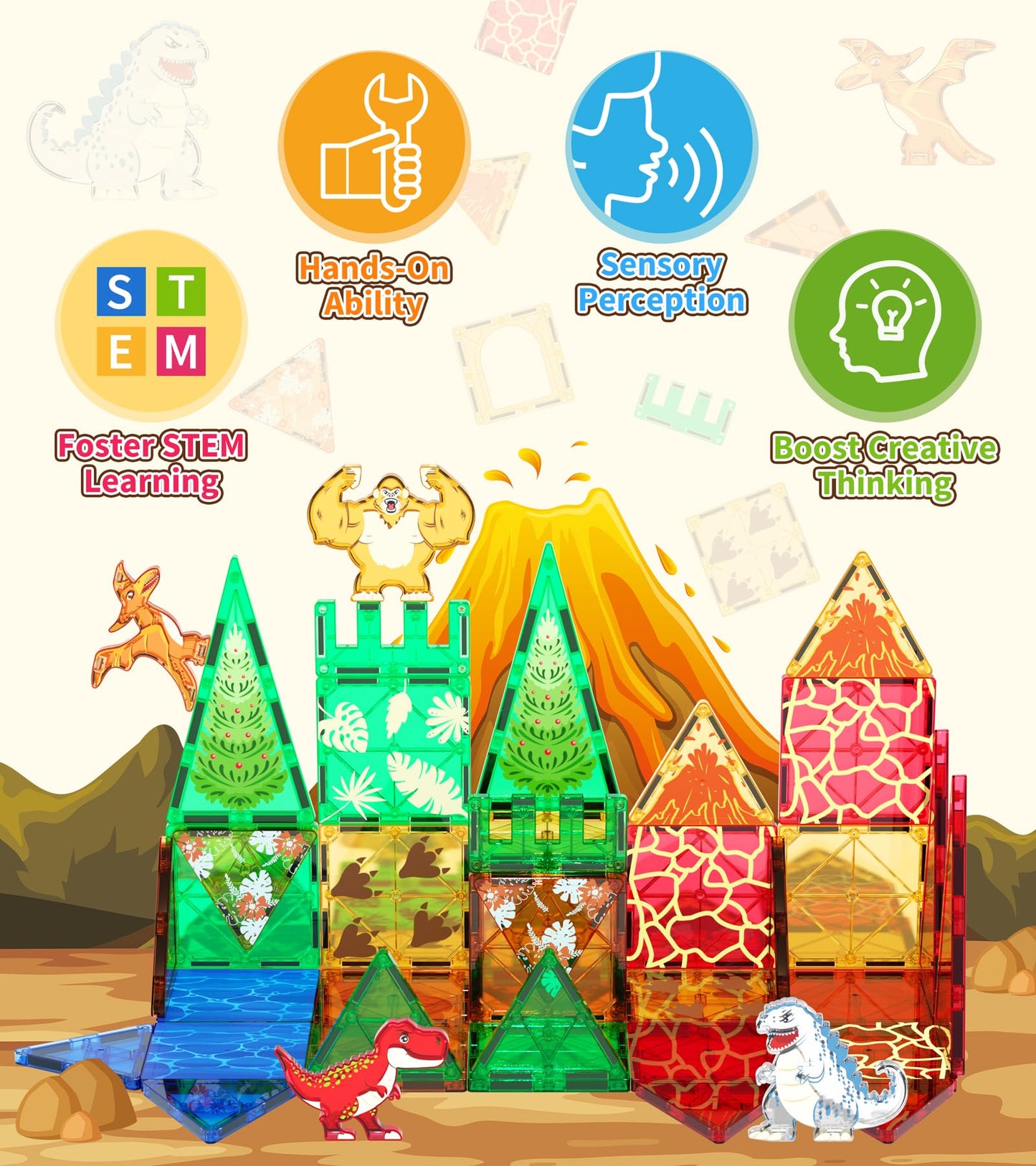 Dinosaurs Toys Magnetic Tiles For Kids 3-5, Dino,King Kong And Godzilla Animals World Construction Tile For Toddlers Ages 5-7, Magnet Building Blocks For Boys Girls Ages 3+ 4-8 8-12 Year Old