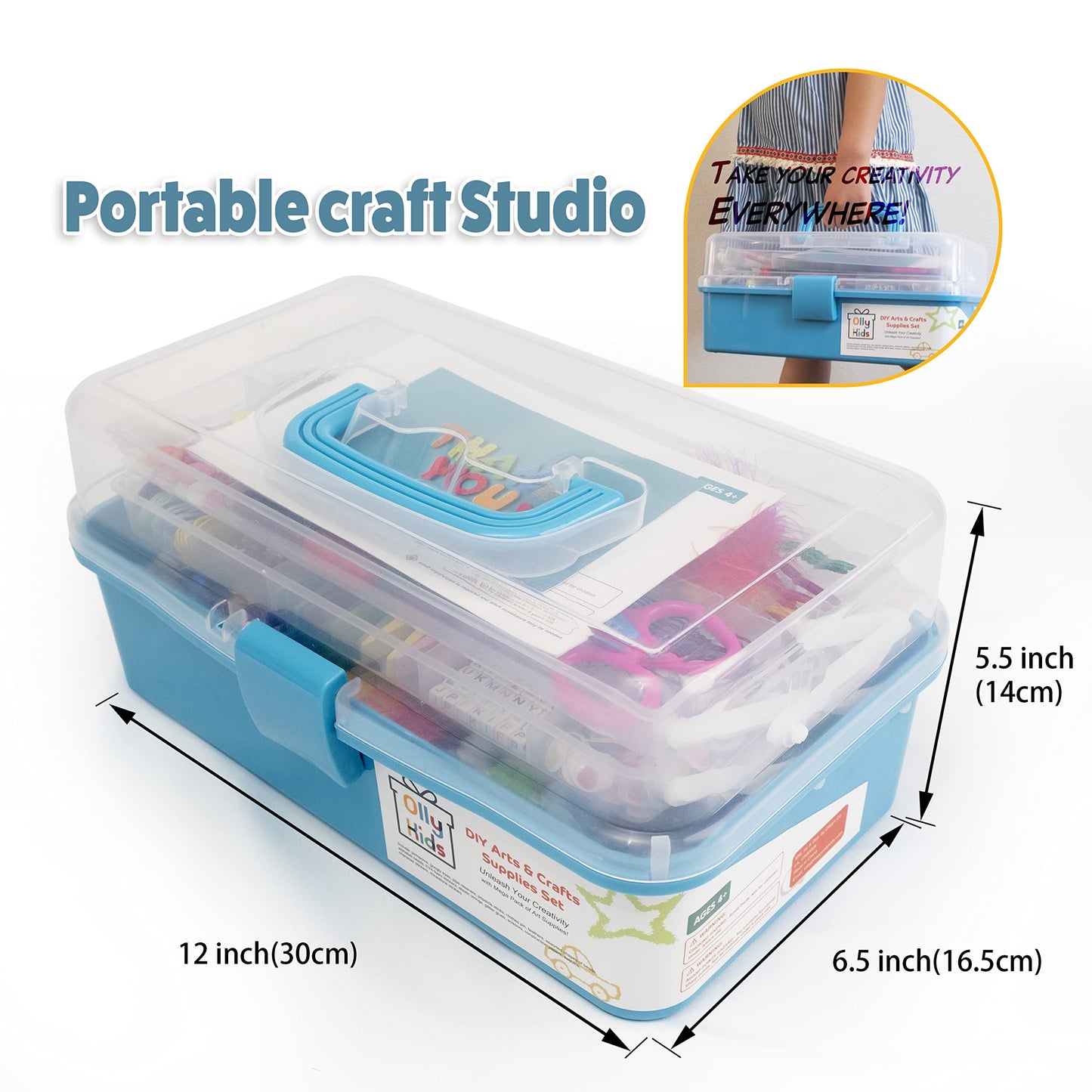 Olly Kids Craft Kits Library - Plastic Organizer Box for Ages 4-12 - Blue Art Supplies for Boys & Girls