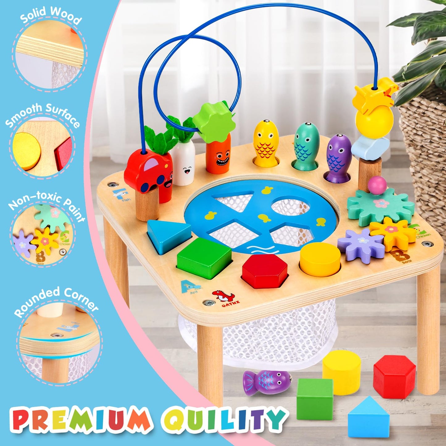 Oathx Activity Table For 1 Year Old, 6 In 1 Wooden Montessori Activity Center With Bead Maze Shape Sorter Fishing Game, Kids Sensory Play Table Toddler Toys 1St Birthday Gifts Boy Girl