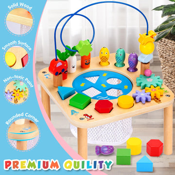 Oathx Activity Table For 1 Year Old, 6 In 1 Wooden Montessori Activity Center With Bead Maze Shape Sorter Fishing Game, Kids Sensory Play Table Toddler Toys 1St Birthday Gifts Boy Girl
