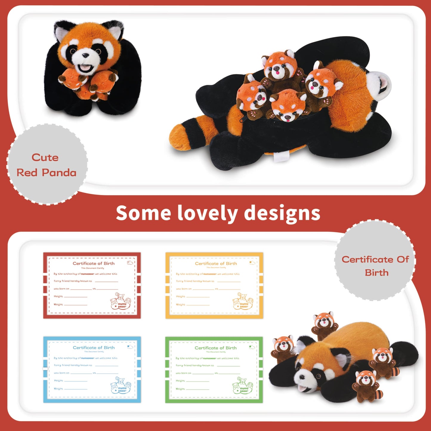 Niuniu Daddy 20'' | 5Pcs Red Panda Weighted Stuffed Animals Family Set, Mommy Red Panda Plush With 4 Babies Toys Inside, Cute La