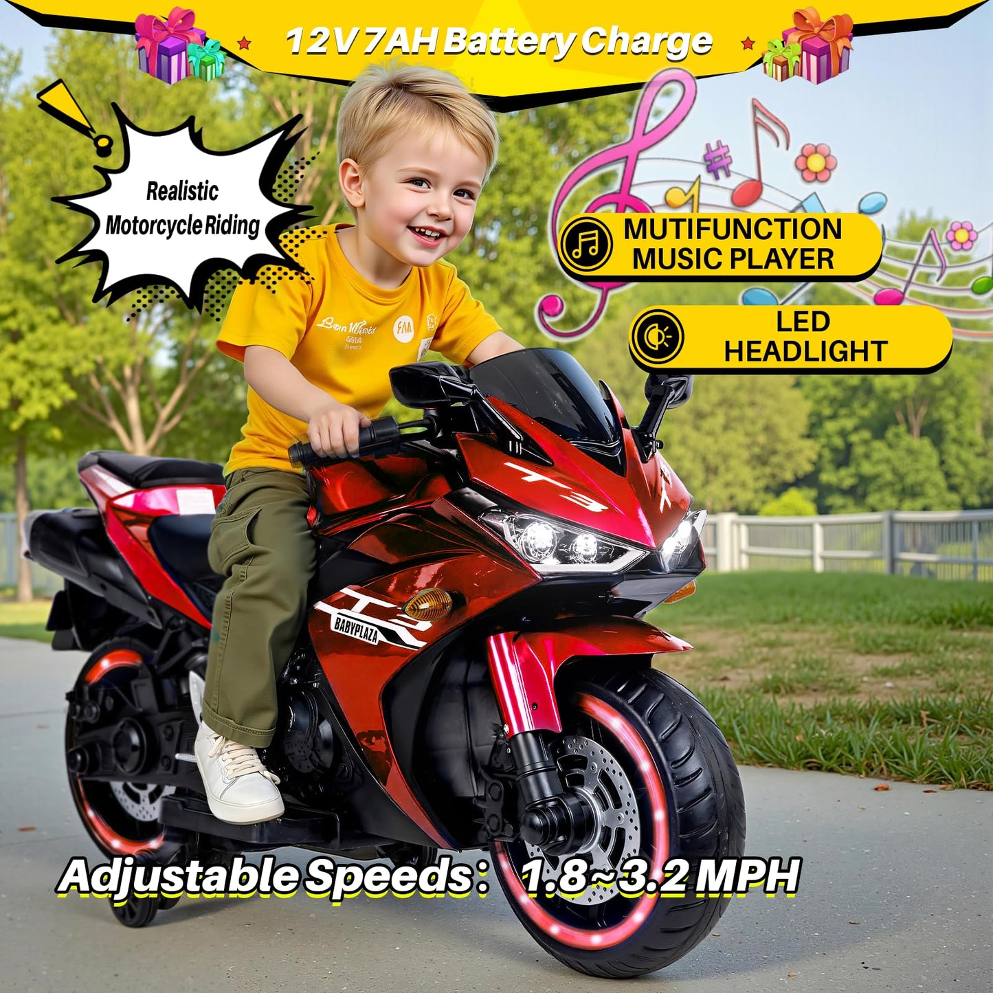 Blitzshark 12V Electric Motorcycle  Kids Motorcycle with Training Wheel  7AH Battery Ride On Motorbike for Kids 3.2 MPH Max Speed  Twist Grip Throttle  Brake Pedal  Soft Tires  Extra Long Seat  Red