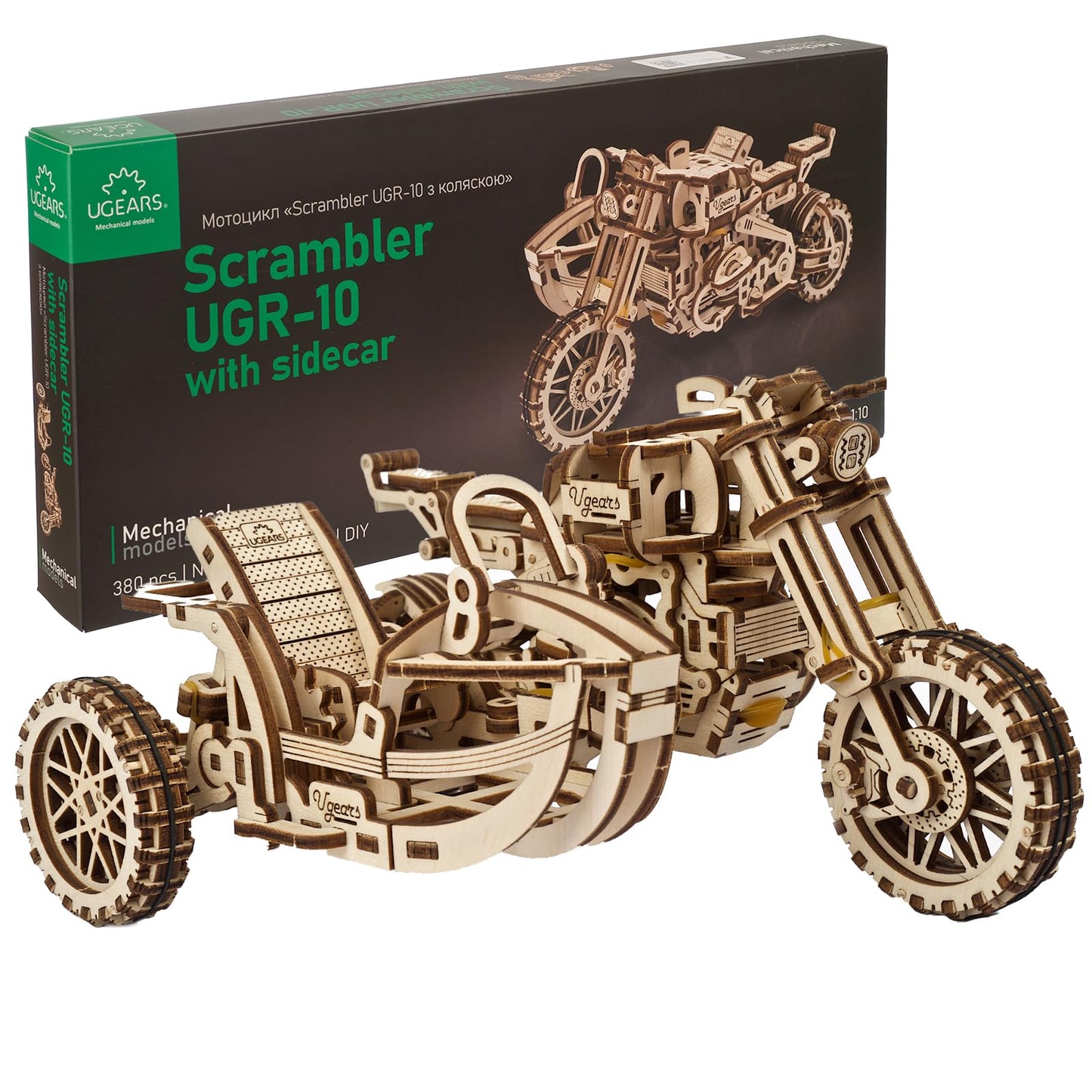 UGEARS Motorcycle with Sidecar Scrambler UGR-10 - Mechanical 3D Wooden Puzzles for mature-themeds - DIY Model Kits for mature-themeds with Moving Engine - Collectible Moto 3D Puzzle Model Kit - 380 Pcs
