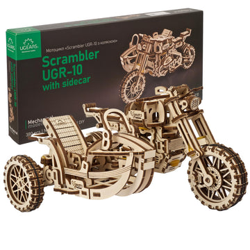 UGEARS Motorcycle with Sidecar Scrambler UGR-10 - Mechanical 3D Wooden Puzzles for mature-themeds - DIY Model Kits for mature-themeds with Moving Engine - Collectible Moto 3D Puzzle Model Kit - 380 Pcs