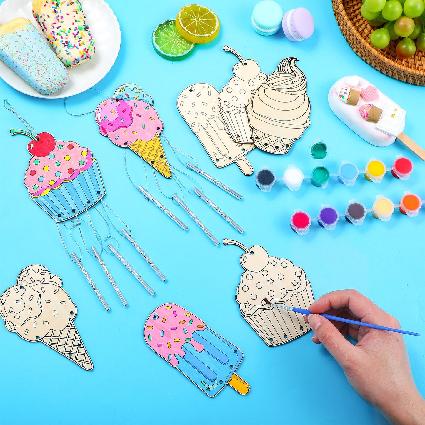 Silipull 24 Sets Ice Cream Wind Chimes Craft for Kids Color Your Own Windchime DIY Unfinished Wood Hanging Ornaments Coloring Wi