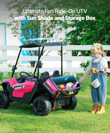 ELEMARA 24V Ride on Toy for Big Kid,Ride on Car 2 Seater w/Sun Shade,Dump Bed & Shovel,4.5MPH,4WD Electric Car for Kids,Battery