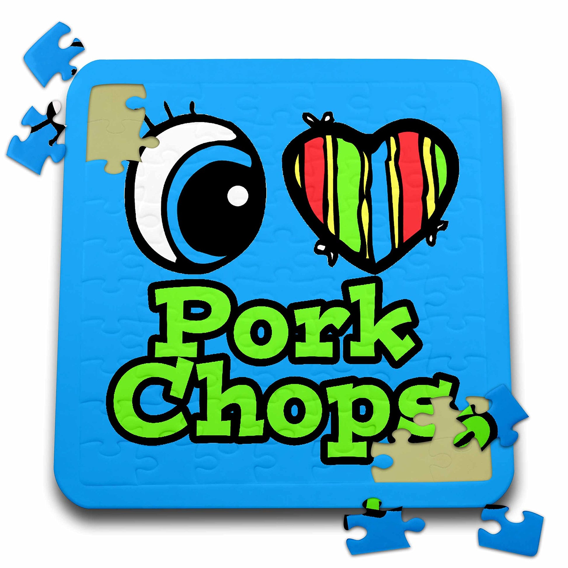3dRose Bright Eye Heart I Love Pork Chops - Puzzle, 10 by 10-inch (pzl_106425_2)