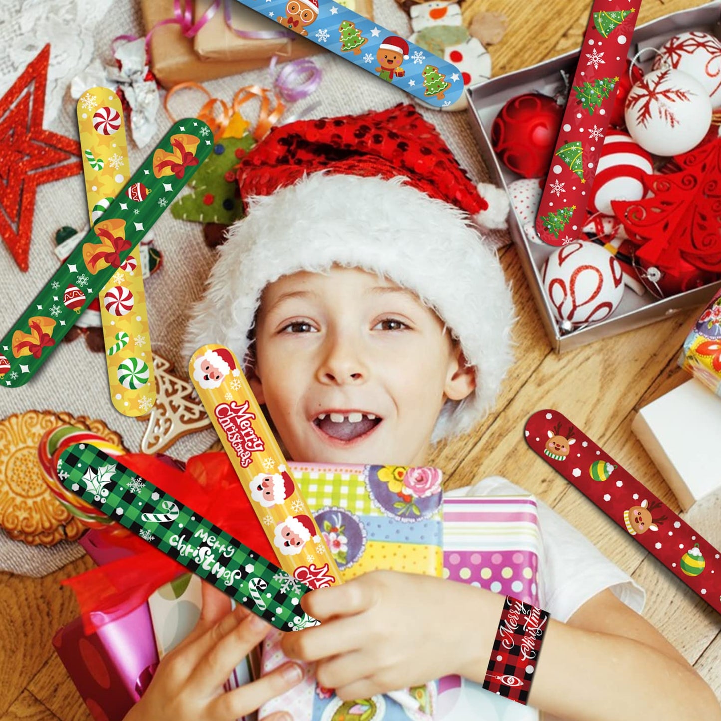 FOIMAS 48pcs Christmas Slap Bracelets,Xmas Santa Reindeer Snap Bracelet Wristband for Kids Christmas Stocking Stuffer Bag Filler