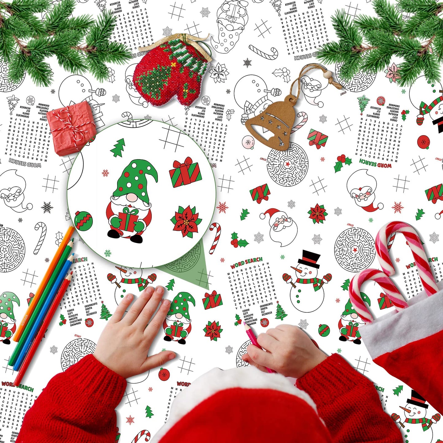 2 Pack Christmas Tablecloth Christmas Activity Paper Tablecloth Santa Claus Snowman Gnome Color-in Paper Disposable Tablecover f
