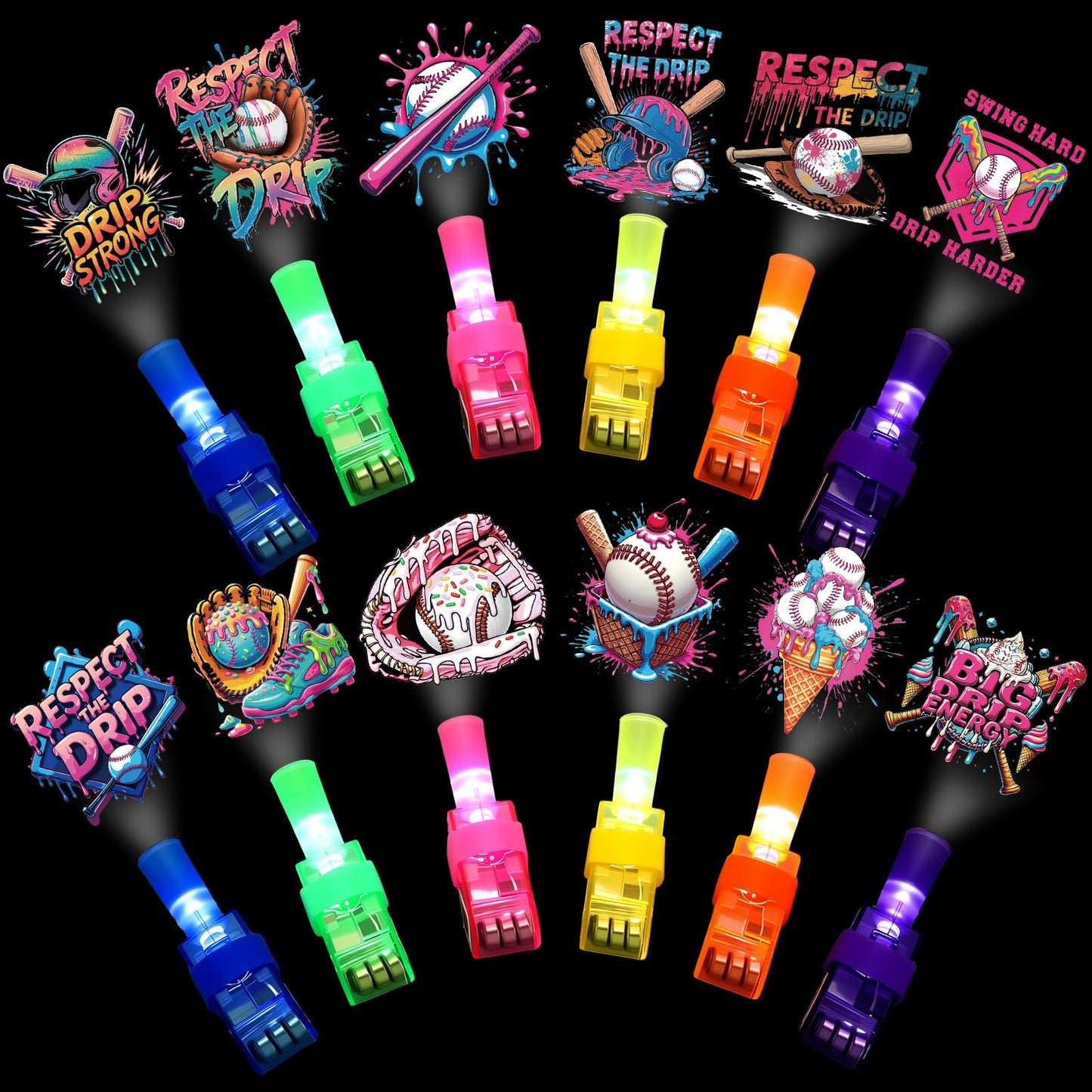 Tuanse 36 Pcs Ice Cream Drip Baseball Finger Lights Gifts Bulk for Kids Glow in the Dark Finger Lights Baseball Ice Cream Theme 