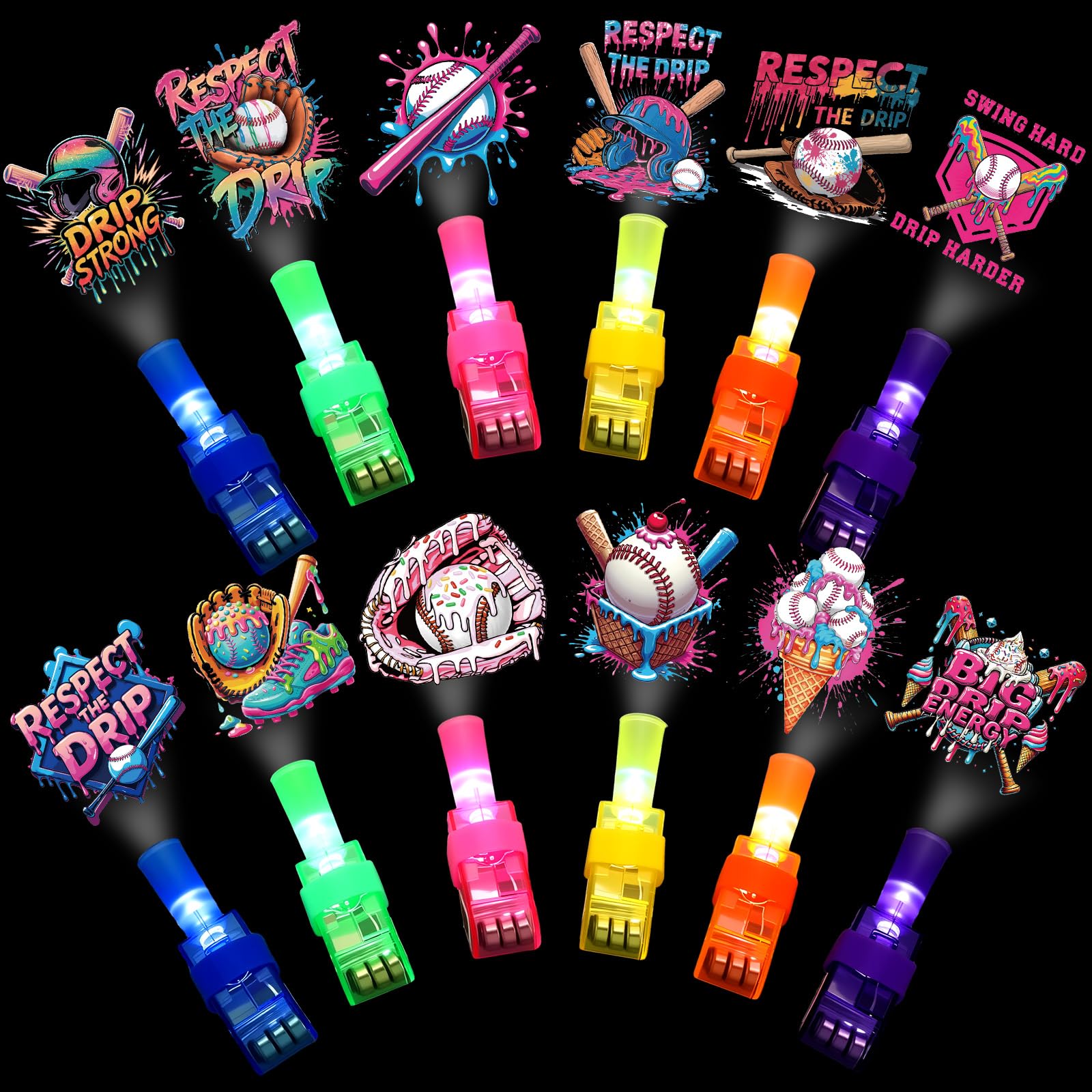 Tuanse 36 Pcs Ice Cream Drip Baseball Finger Lights Gifts Bulk for Kids Glow in the Dark Finger Lights Baseball Ice Cream Theme 