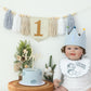 HODIHIWI Baby Boy First Birthday Party Decorations Blue White High Chair Banner 1st Crown Hat Cake Topper