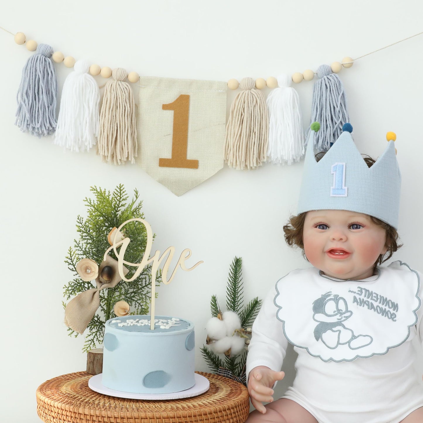 HODIHIWI Baby Boy First Birthday Party Decorations Blue White High Chair Banner 1st Crown Hat Cake Topper