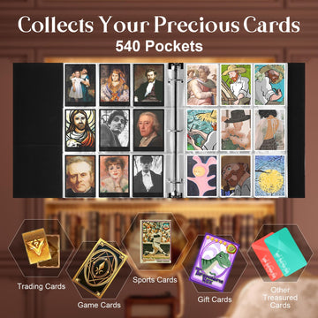 Wot I Deluxe Trading Card Binder, 540 Pockets Collectible Card Binder Sleeves, Refillable Leather 3 Ring Binder With Double Side