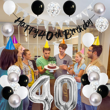40Th Birthday Decorations For Women Men, Black Silver White 40Th Birthday Balloons, Black Happy 40Th Birthday Banner Birthday Ca