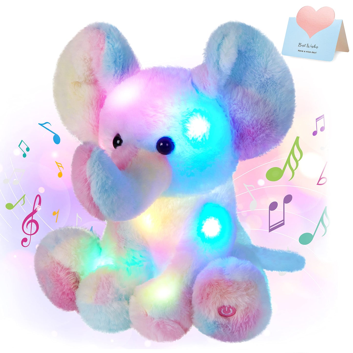Glow Guards Rainbow Elephant Plush Toy - 12'' Musical LED Night Light & Lullaby for Kids, Soft Wildlife Gift