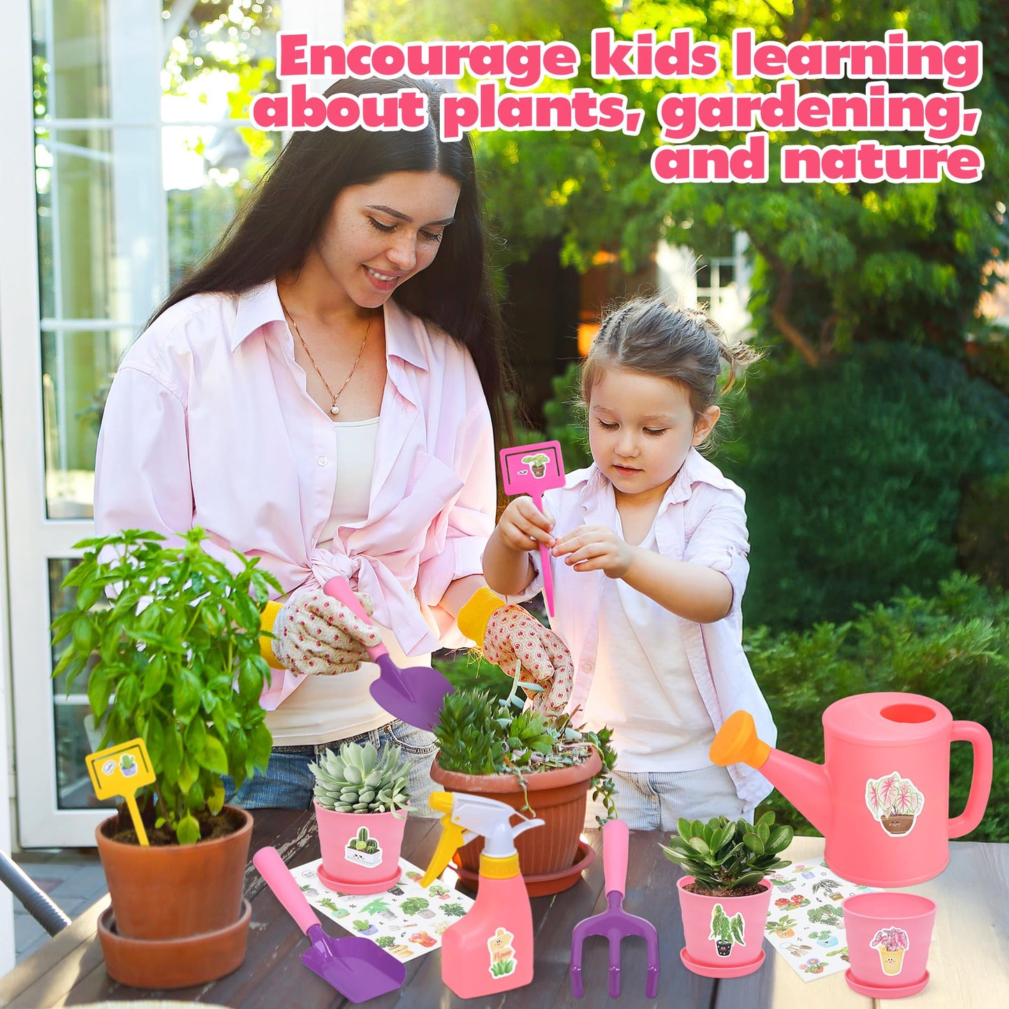Cute Stone Kids Gardening Set, Garden Toys With Metal Kids Rake, Shovel, Trowel, Watering Can, Gloves, Tote Bag, Gardening Kit F