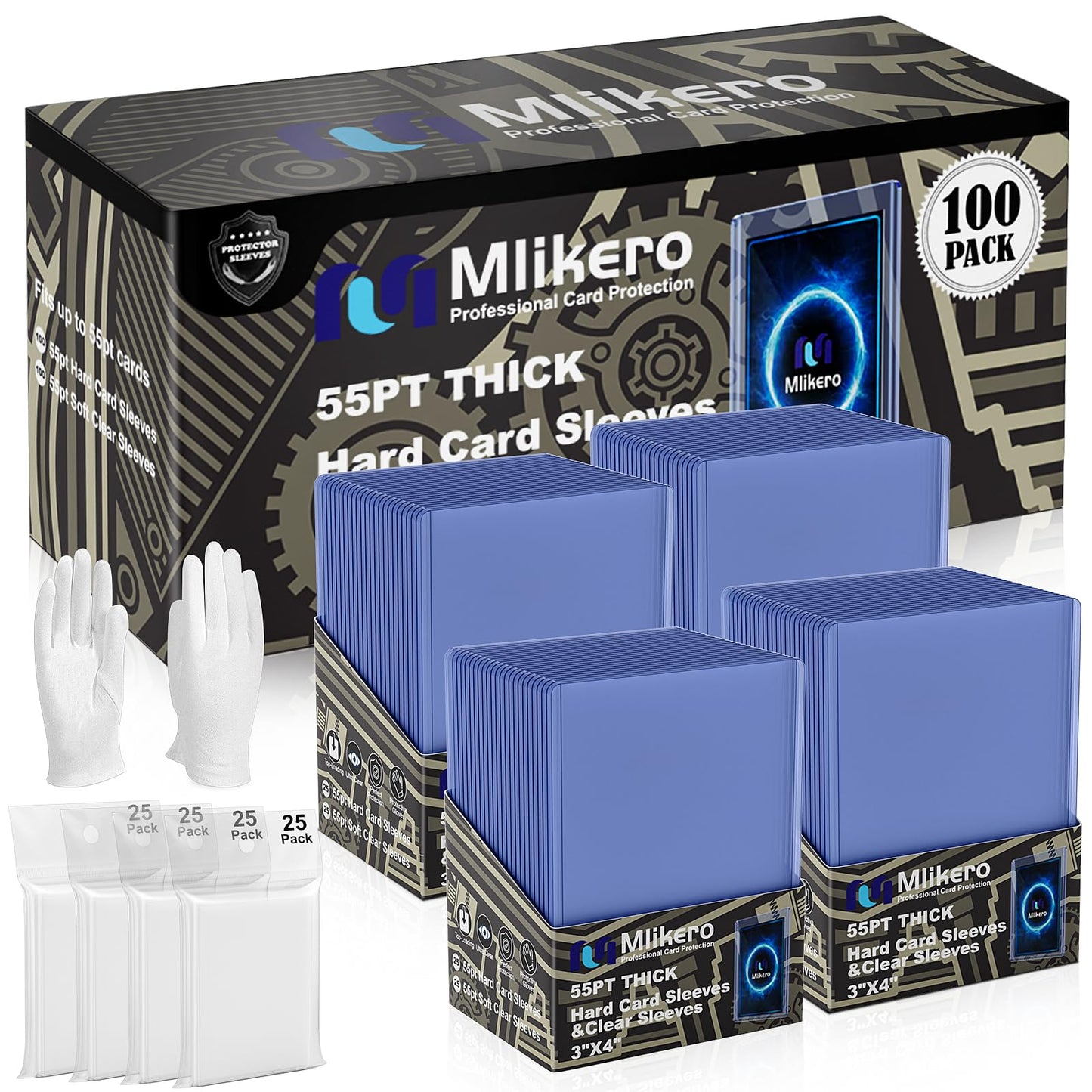 100 Count 55pt Card Sleeves Hard Plastic, Includes 100 Count 55pt Clear Soft Sleeves, 3x4 Card Protectors Hard Plastic Perfect f