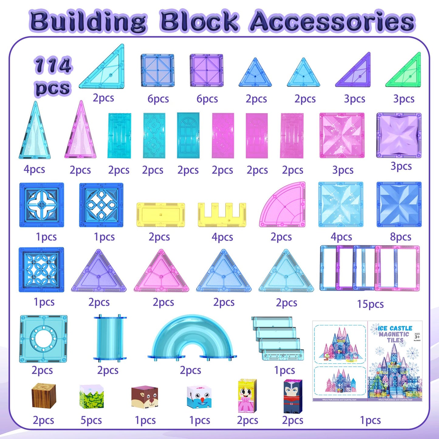 Sktmyy Magnetic Tiles,114Pcs 3D Diamond Princess Ice Castle, Magnet Tiles For Kids Age 3-5 4-8,Stem Educational Toys For Girls K
