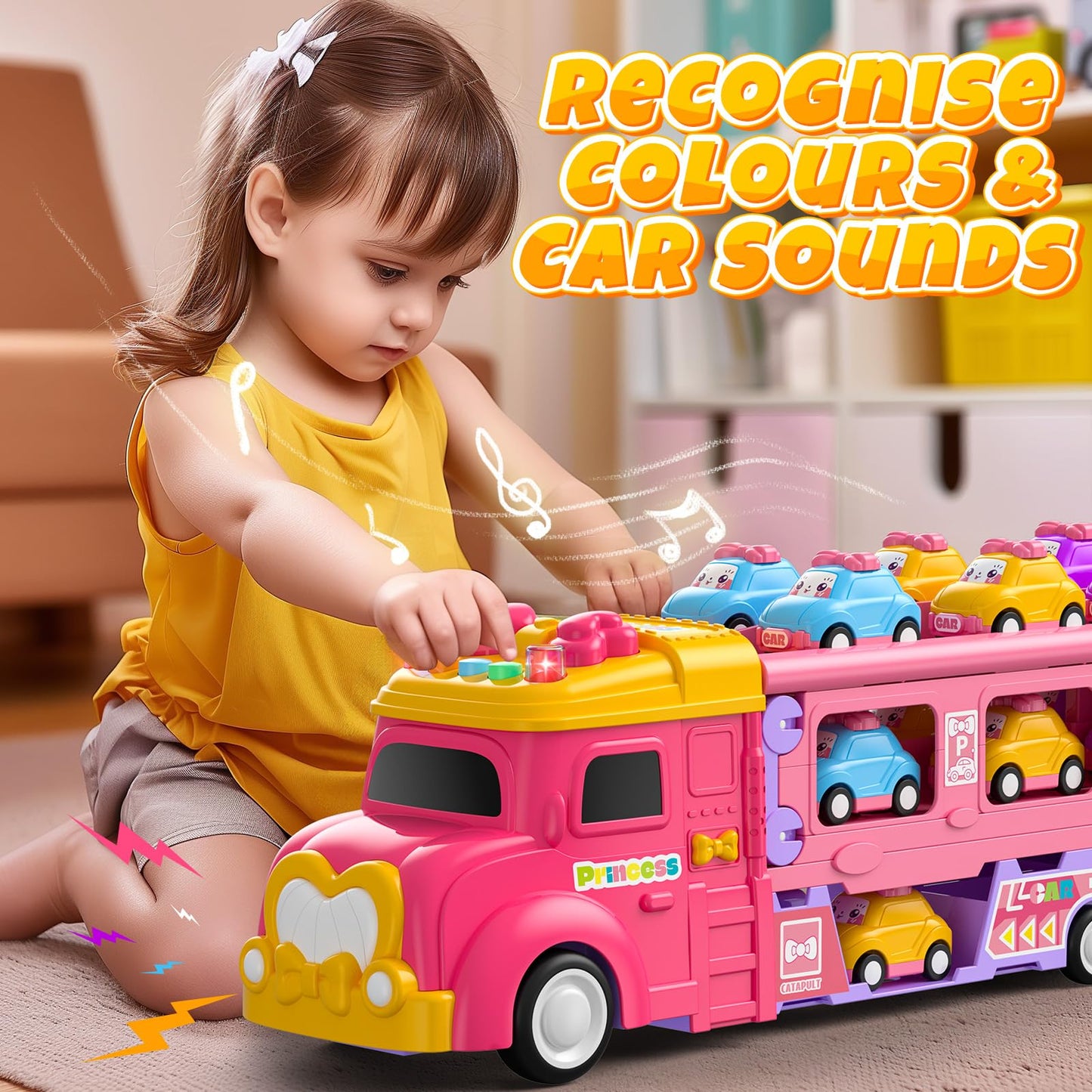 Hot Bee Toddler Toys for 2 3 4 5 Years Old Girls, 7-in-1 Foldable Ejection Trucks for Toddlers 2-4 Years, Toys for 4 Year Old Gi