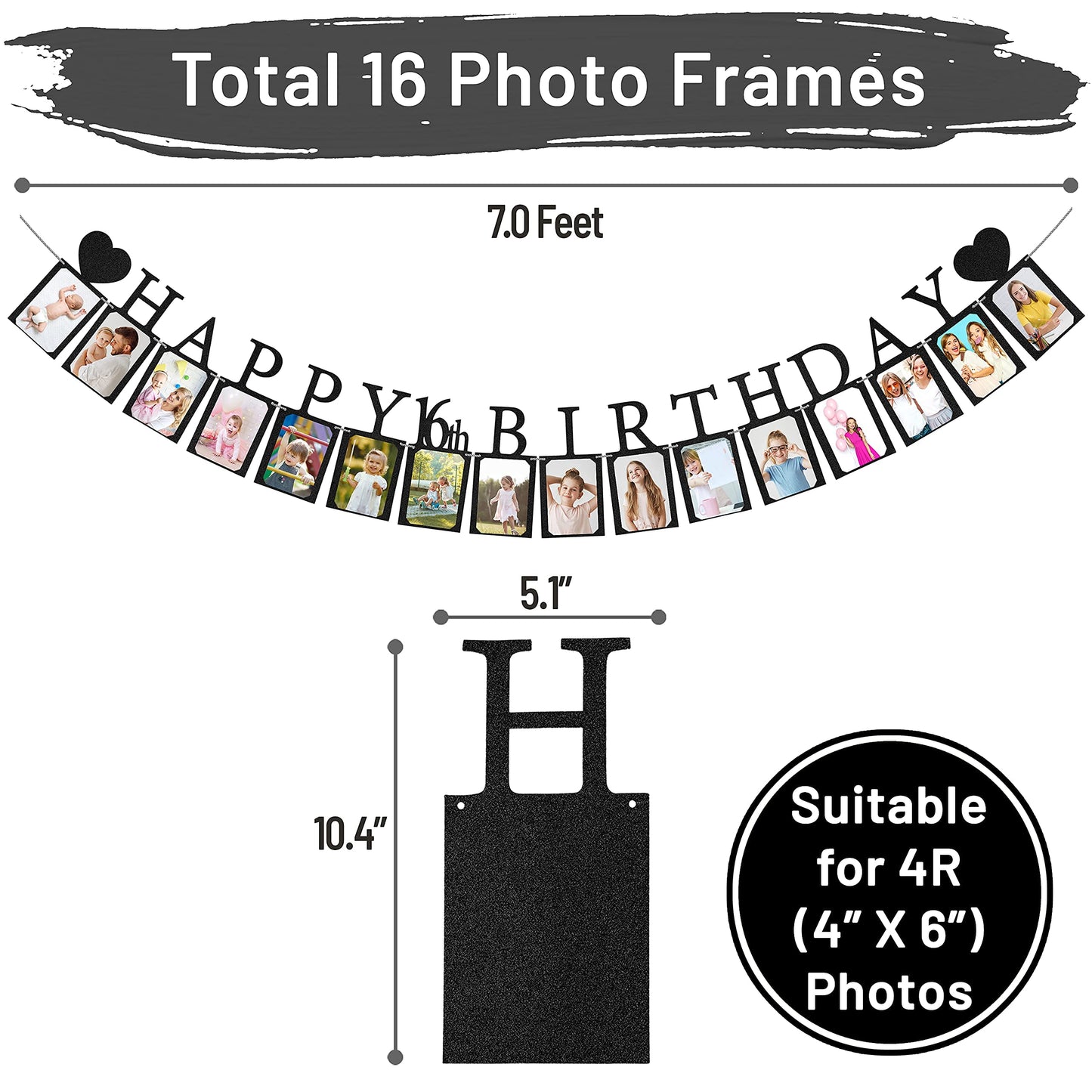 Sweet 16 Birthday Decorations Photo Banner In Black Pre-Assembled - Sweet 16 Banner With Sixteen Photo Card Frames Party Supplie