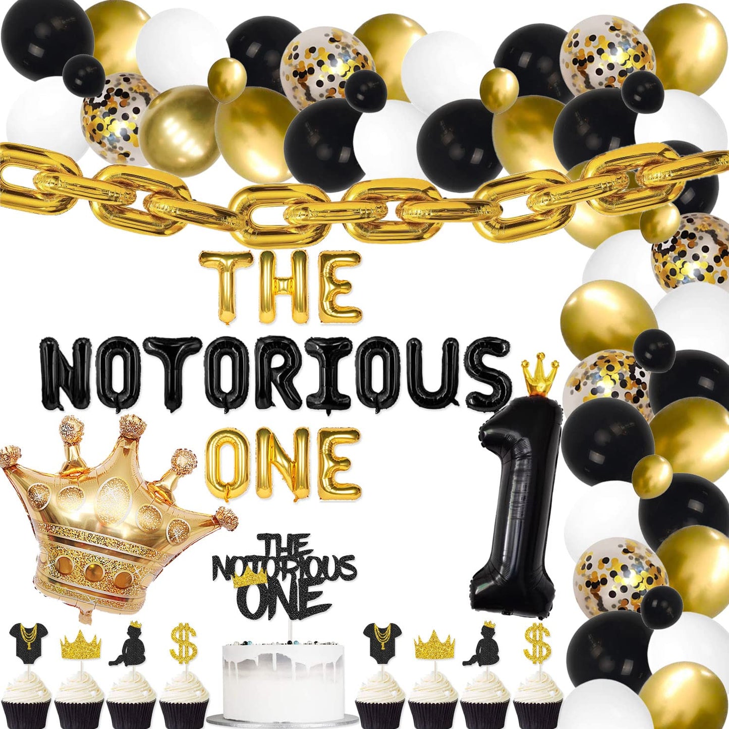 The Notorious One Birthday Decorations Kit The Notorious One Cake Topper Gold Chain Balloon For Hip Hop First Birthday The Big O