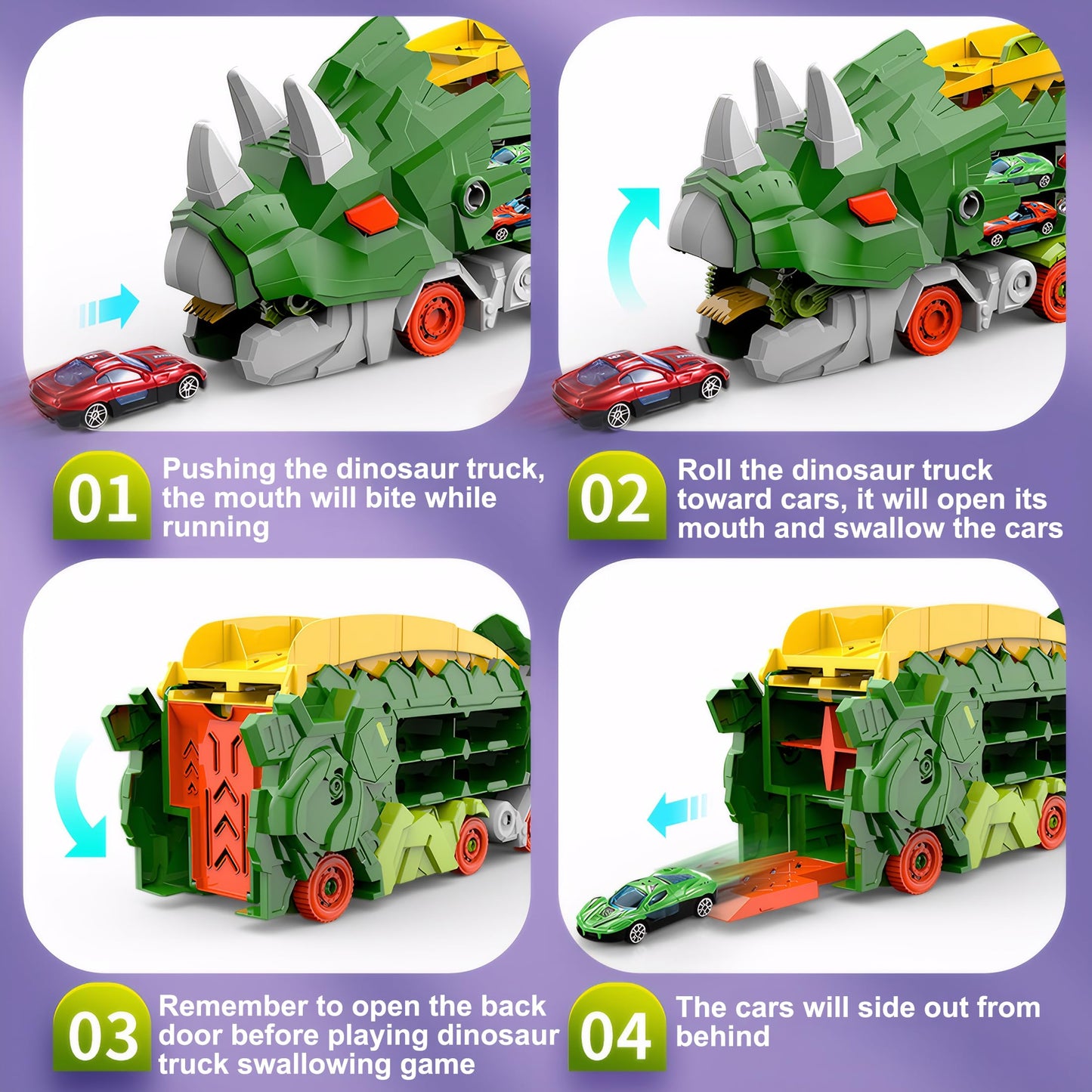 Hacocola Dinosaur Transporter Truck Foldable Sliding Race Track Toy With 8 Toy Cars For Kids Age 3 4 5 6 7 8 (Green)