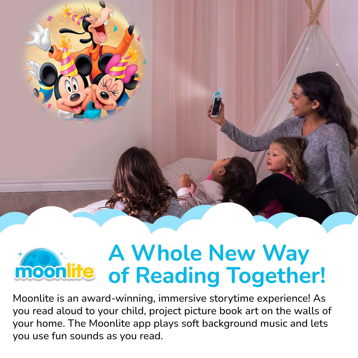 Moonlite Storytime Mickey And Friends The Birthday Surprise Storybook Reel, A Magical Way To Read Together, Digital Story For Projector, Fun Sound Effects, Learning Gift For Kids Age 1 Year And Up