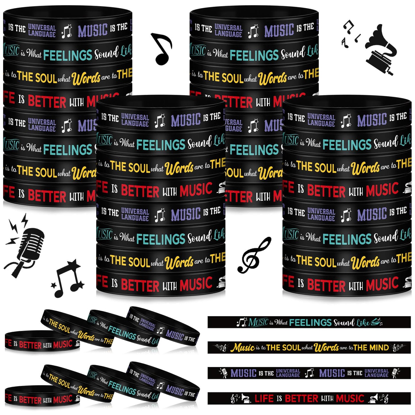 Landical 100 Pcs Music Silicone Bracelets Bulk Rubber Wristband with Inspirational Quote and Piano Notes Music Gifts Musical Eve