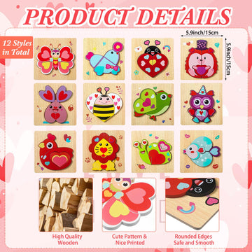 Capoda 12 Pack Valentines Animal Wooden Puzzles Wood Animal Jigsaw For Toddlers Montessori Preschool Learning Games Educational