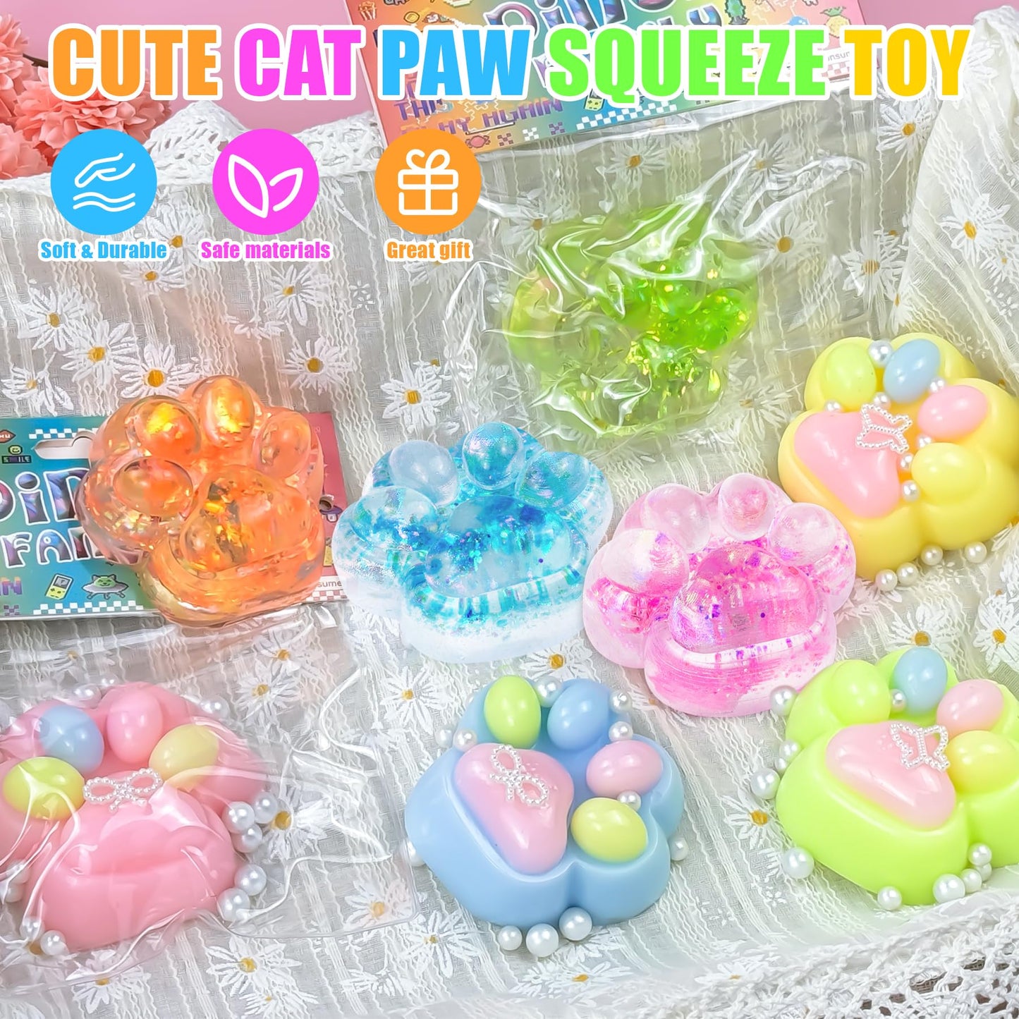 XPQKDC 4Pcs Taba Squishies Cat Paw, Stress Relief Fidget Squeeze Toys for Adults Kids, Cute Kawaii Soft Sensory Toys, Handmade S