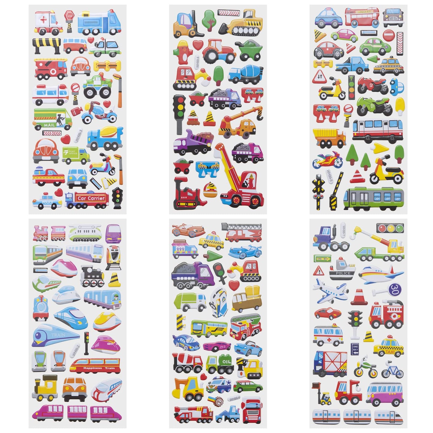 3D Puffy Car And Vehicle Stickers For Kids Toddlers, 6 Packs Reusable Foam Truck Stickers For Boys With Construction Trucks, Tra