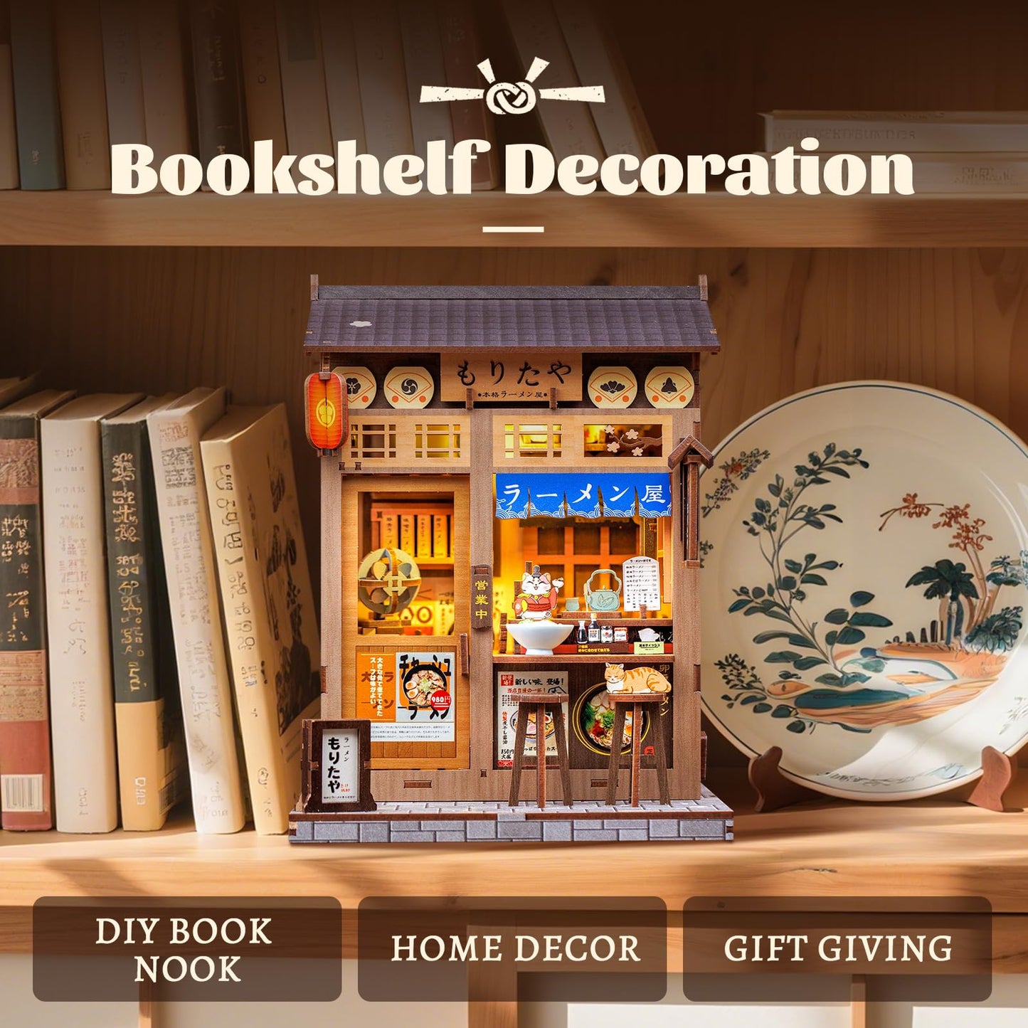 Fsolis Japanese Book Nook Kit - DIY Miniature Scene House Kit  3D Puzzles for mature-themeds  220 Wooden Pieces  Tiny House Mini Booknook Craft Shelf Decor  Gifts for Women Model Lovers (Morita-Ya Ramen)