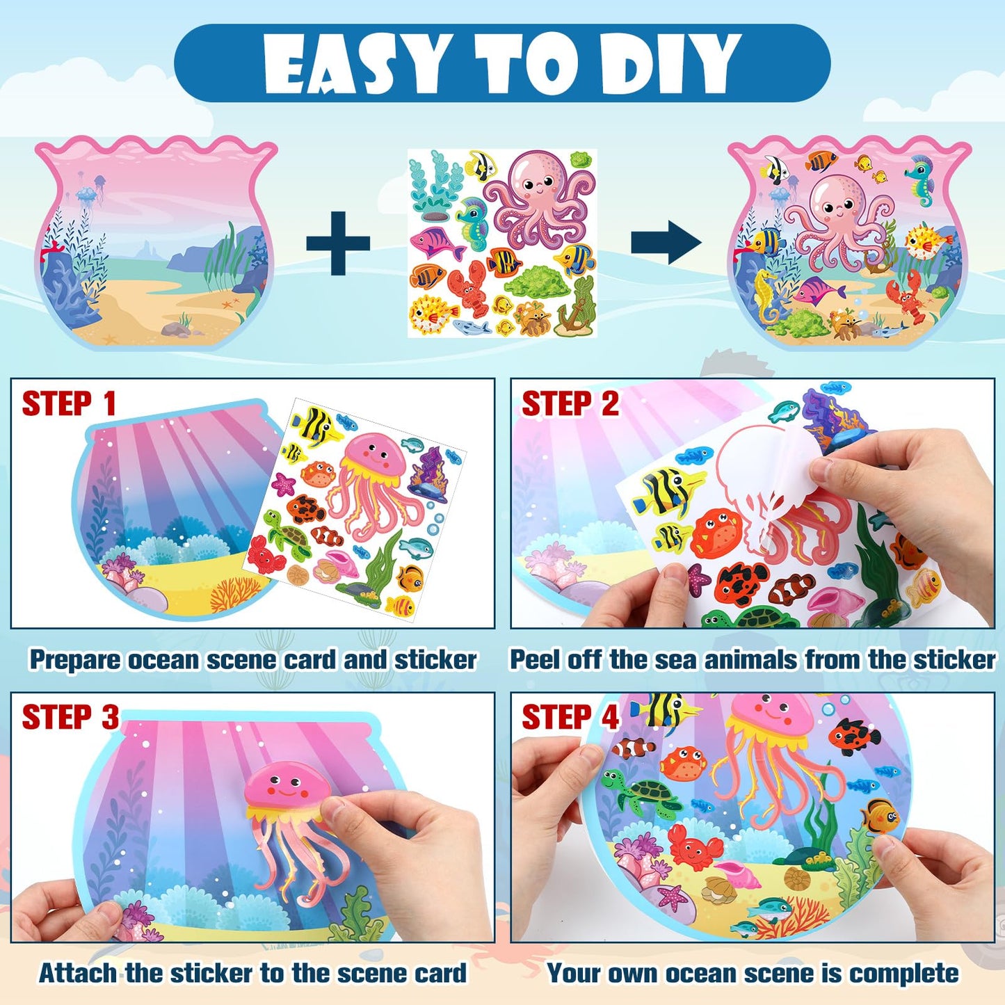 Frienda 48 Set Summer Craft Kit Fishbowl Under The Sea Sticker Crafts Bulk DIY Ocean Sea Animals Scene Stickers Shark Clown Fish