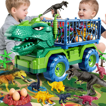 DULONIME Dinosaur Cars Truck Toys for Kids 3-5 with 8 Dinosaur Figures, Activity Play Mat, Dinosaur Egg, Trees, Jurassic Play Se