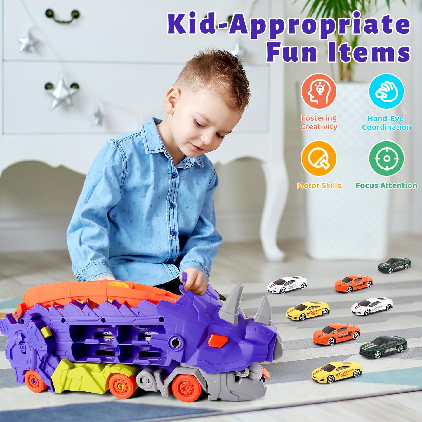 Funmission Dinosaur Toys For Kids 3-5 And Older, 9 In 1 Kids Toys Dinosaur Transport Toy Trucks With 8 Cars, Dinosaur Toys For B