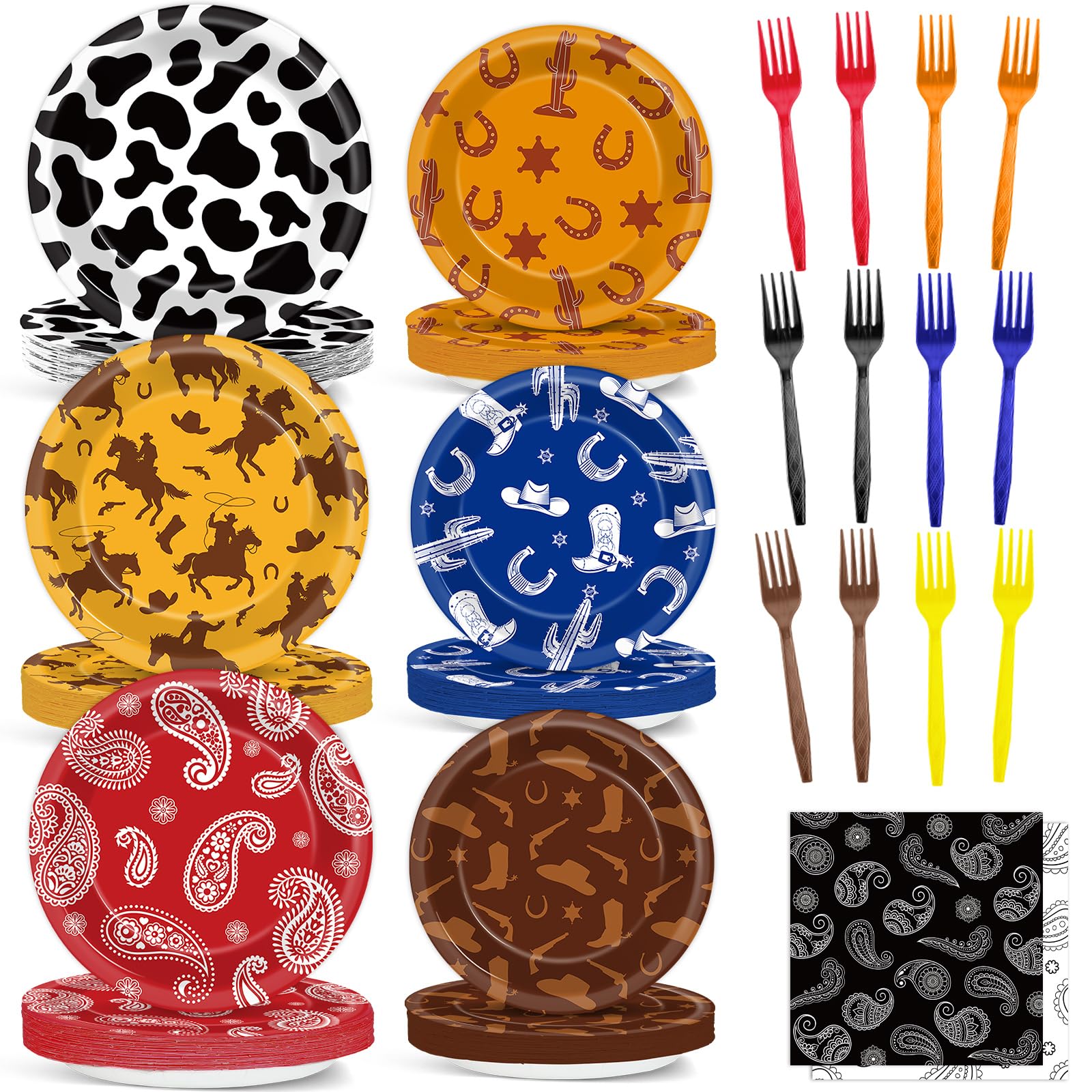 96Pcs Western Paper Plates and Napkins Forks for Western Cowboy Birthday Party Decorations Wild West Paper Plates Tableware for 