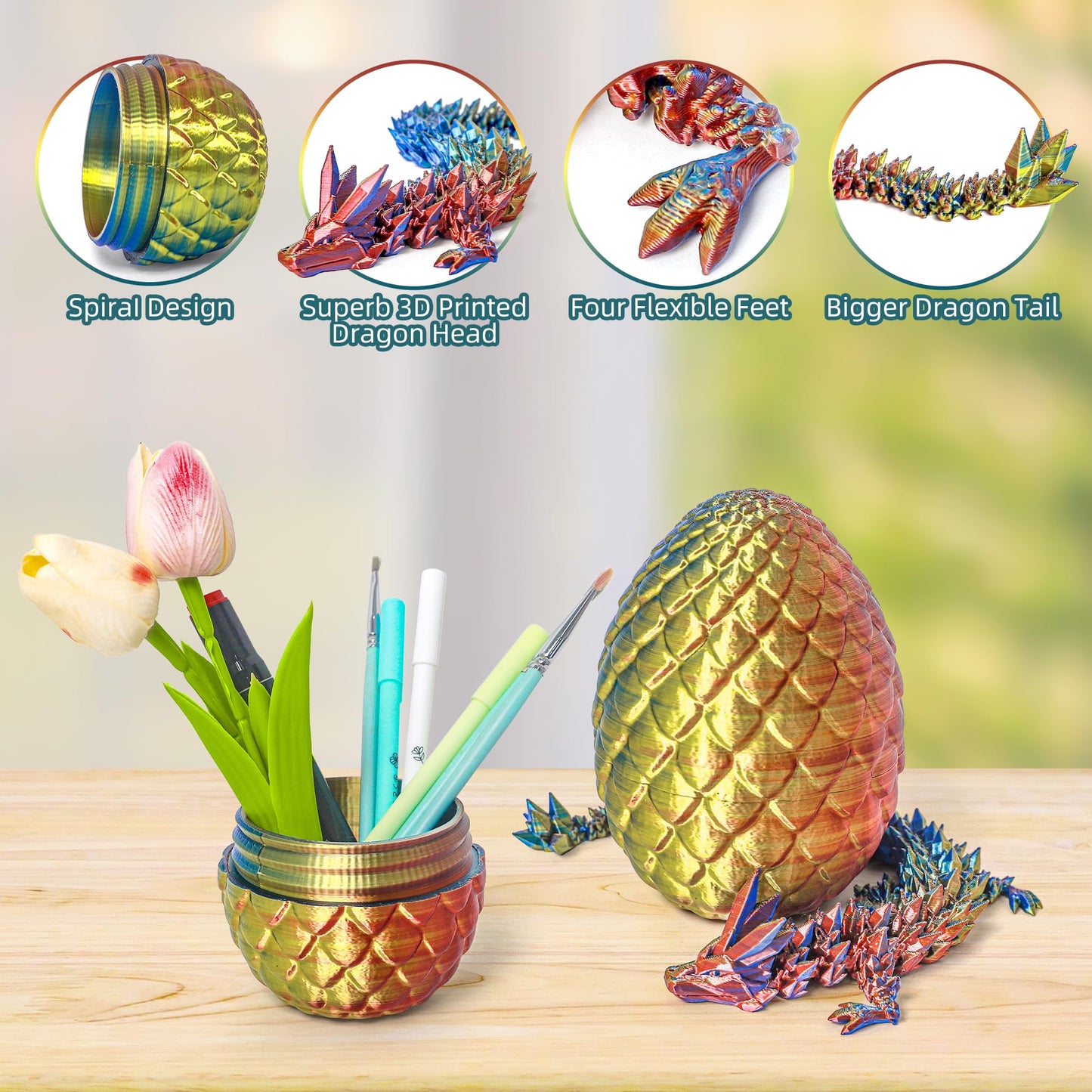 Flavery 3D Printed Dragon In Egg - Flexible Crystal Dragon Inside, Colorful Fidget Toy, Birthday Gift, Desk Pet Figure, Easter B