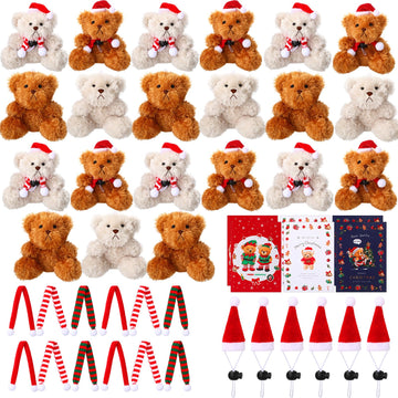 Foilswirl 24 Sets Christmas Mini Plush Bear 4 Inch Stuffed Animal Bulk Small Soft Bear Toys With Santa Hat Scarf Cards Gift Bags