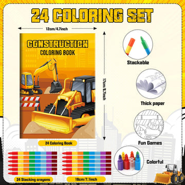 BenLouis 24 Construction Mini Coloring Books Kids with 24 Stacking Crayons Excavator Theme Party Favors Activity Books Bulk for