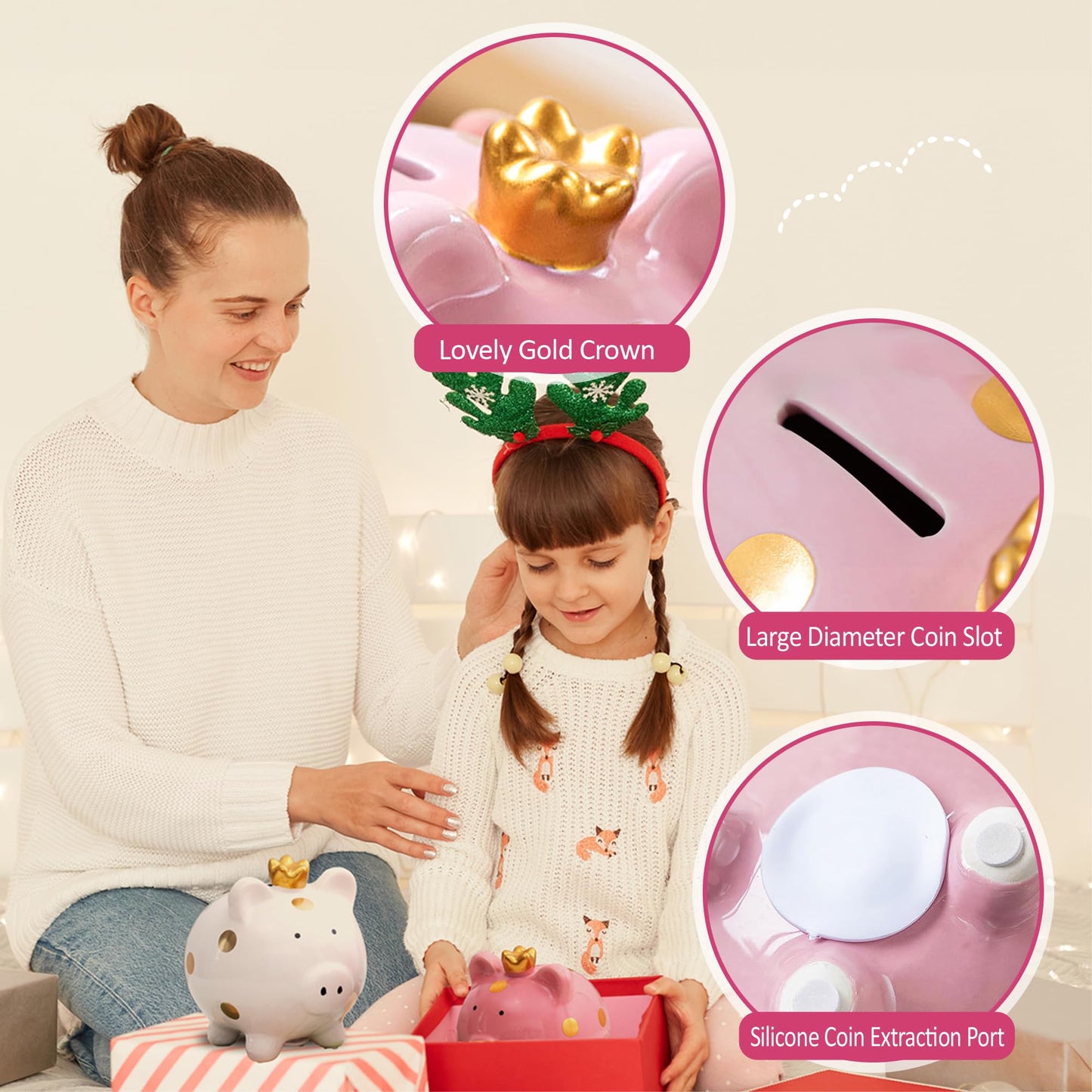 Yjnsft Piggy Bank For Girls, Small Ceramic Toddler Money Saving Bank For Boys, Porcelain Decor Coin Box, Little Decoration Pig Money Container, Unique Birthday Christmas New Year Gift For Kids (Pink)