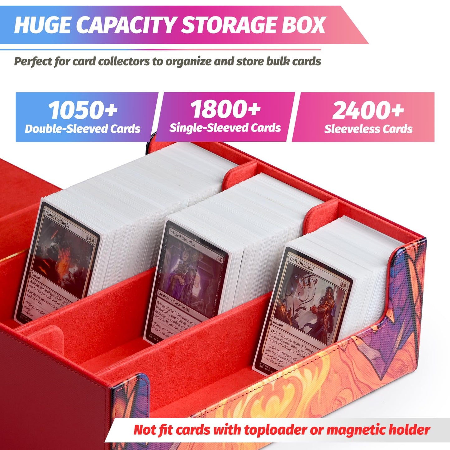 Uaono Card Storage Box For Mtg, Trading Card Deck Box Holds 1800+ With 6 Dividers, Leather Printing Magnetic Closure Card Storage Case Fits Tcg Ccg Sports Cards (Red, Flame)