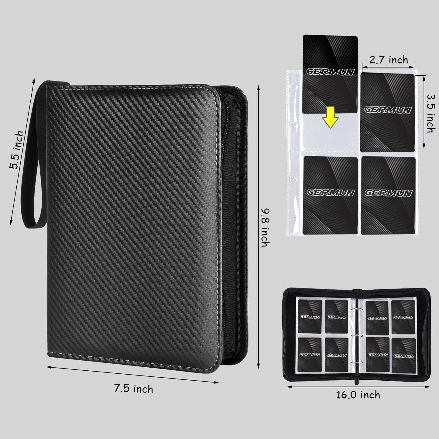 GERMUN 4 Pocket Card Binder  enhanced Zip Trading Card Binder  400 Double Sided Pocket PU Card Collection Binder  Collector Card Album  Card Folder for MTG  TCG  Sports Cards  Game Cards (Black)