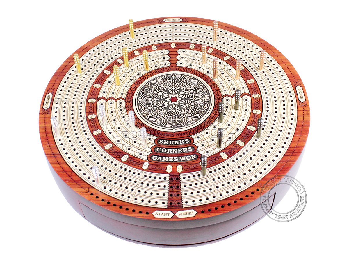 House Of Cribbage - Round Shape 4 Tracks Continuous Cribbage Board Bloodwood/Maple With Push Drawer & Place For Skunks, Corners & Won Games
