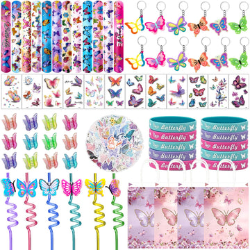 Joyvorite 144 Pcs Butterfly Party Favors Set with Butterfly Straws Keychains Slap Bracelet Tattoo Stickers Wristbands Hair clips