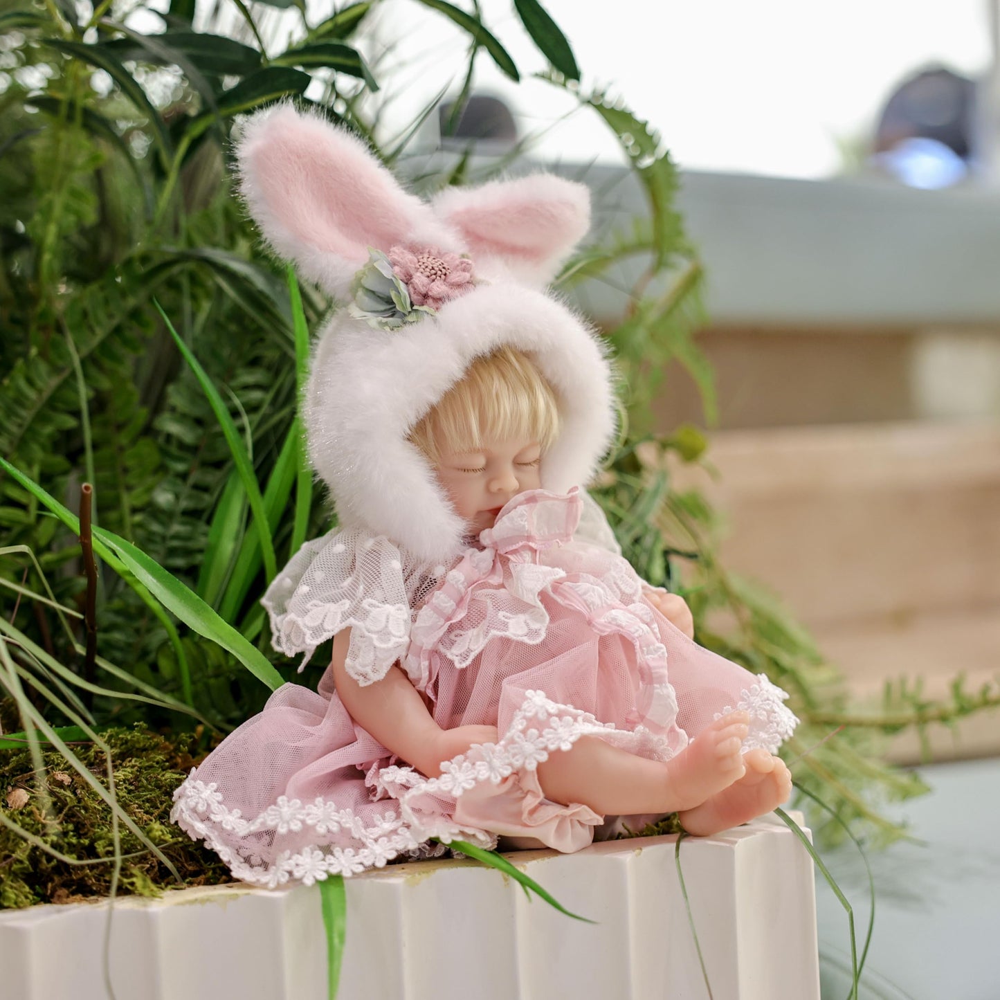 Reborn Baby Doll 12 Inch - Full Vinyl Body Dreamy Girl With Bunny Hat & Lace Flower Dress - Realistic Collectible Baby Doll Gift